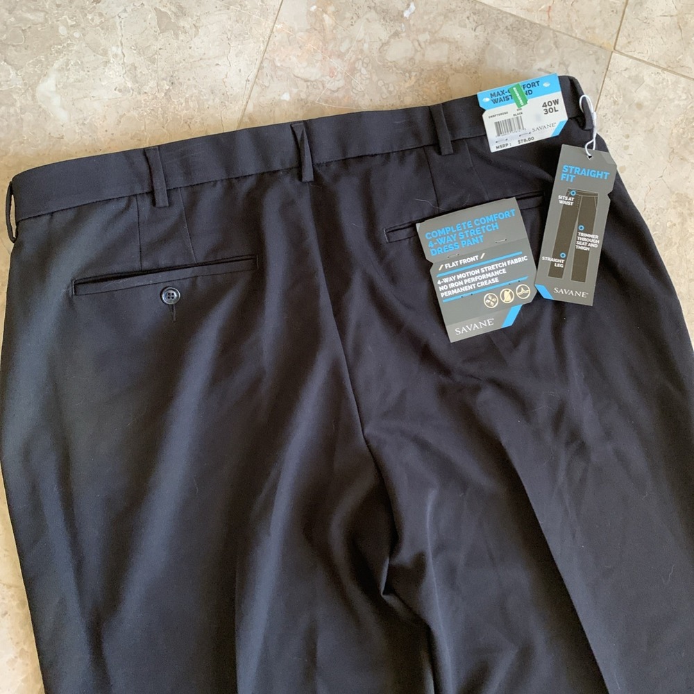 SAVANE 4 Way Stretch Flat Front Straight Fit Performance Pants Black 40 x 30 NEW